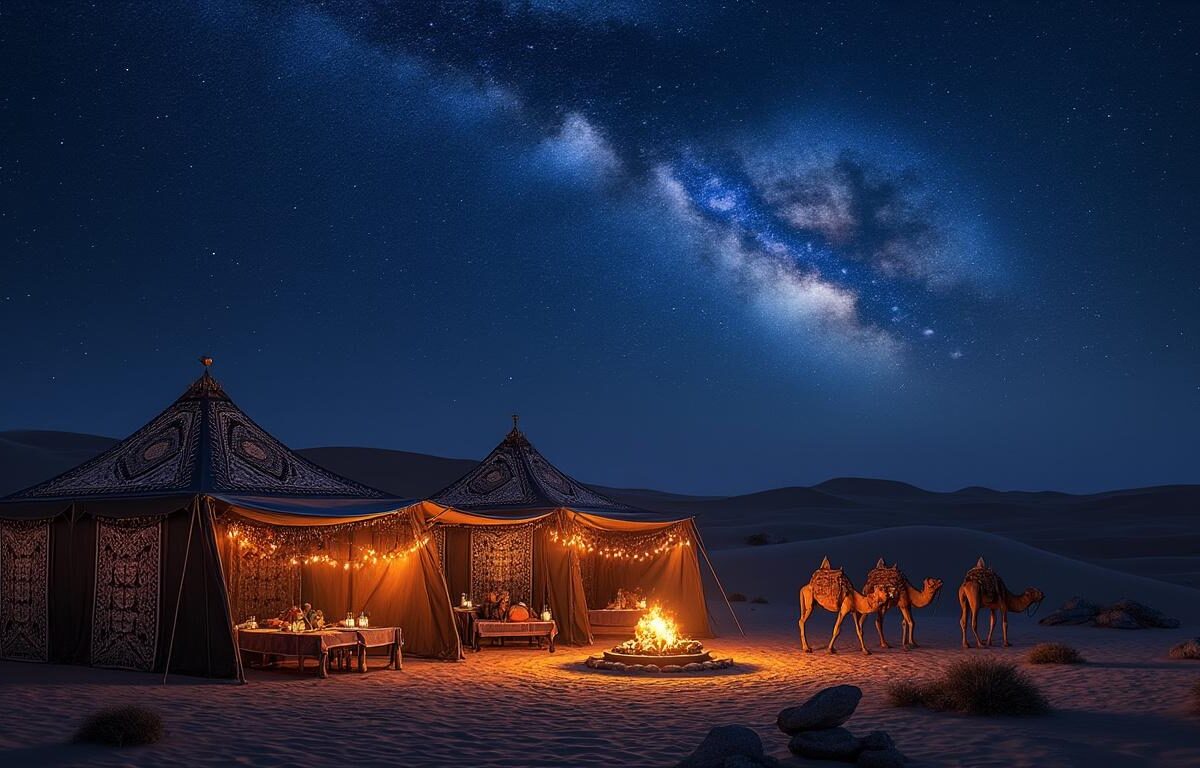 vivez une nuit magique sous un ciel étoilé au cœur du désert dans un authentique campement bédouin, alliant confort et tradition au plus près de la nature.