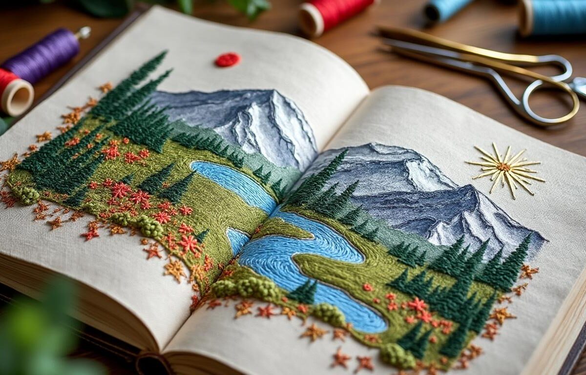 découvrez comment le carnet de voyage textile illustre chaque étape du voyage à travers des broderies uniques sur tissu, mêlant art et récit personnel.