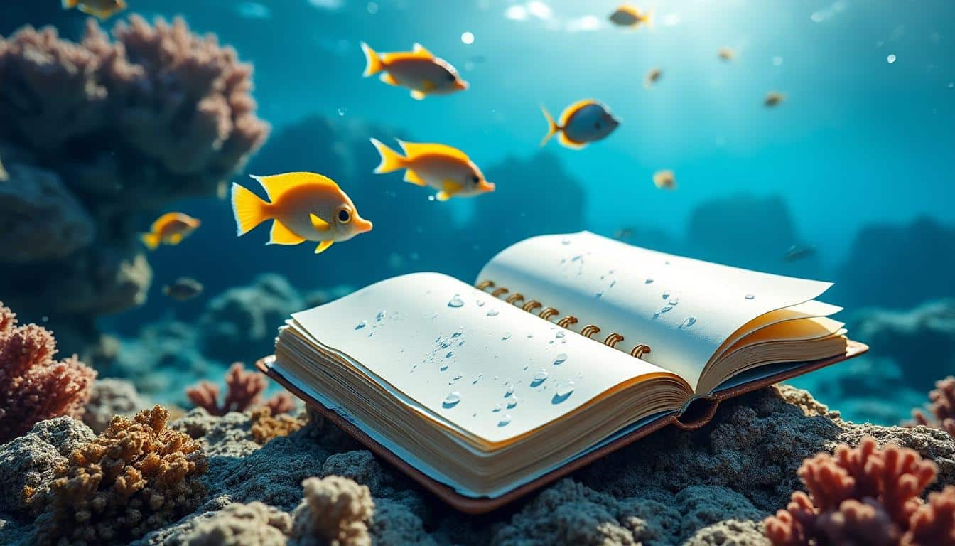 découvrez le carnet de voyage sous-marin doté de papier imperméable, idéal pour écrire et dessiner en milieu humide sans craindre les dégâts de l'eau.
