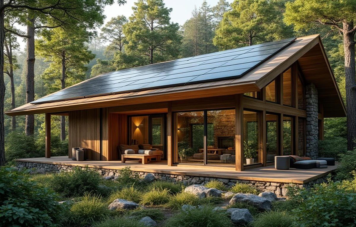découvrez le lodge de forêt autonome, fonctionnant uniquement grâce à l'énergie solaire, alliant confort et respect de l'environnement.
