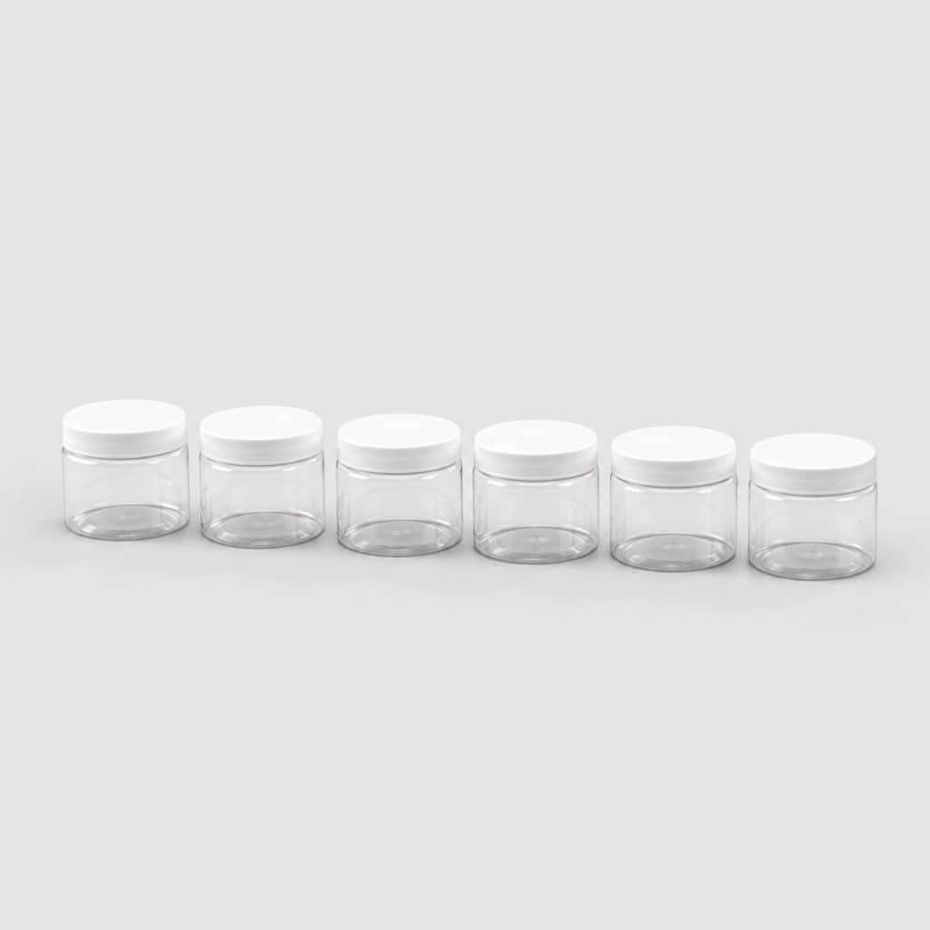 Six petits pots transparents avec couvercle vissé