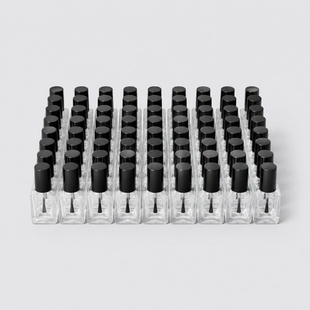Soixante flacons de vernis à ongles en verre transparent alignés