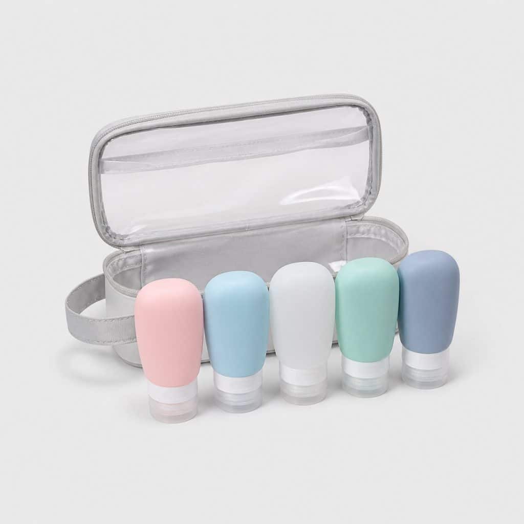 Set de 5 flacons de voyage en silicone, 100 ml, avec étui de transport