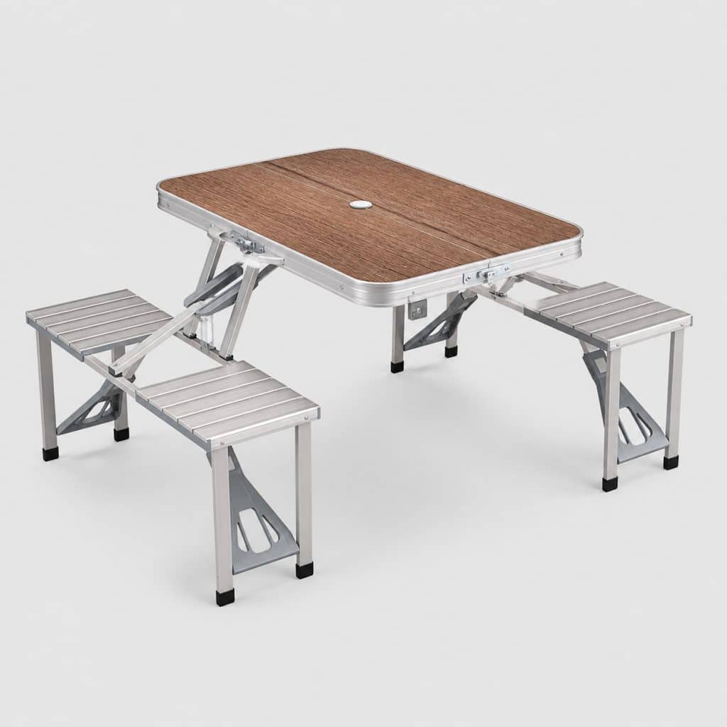 Table de camping pliante avec plateau effet bois et deux bancs intégrés